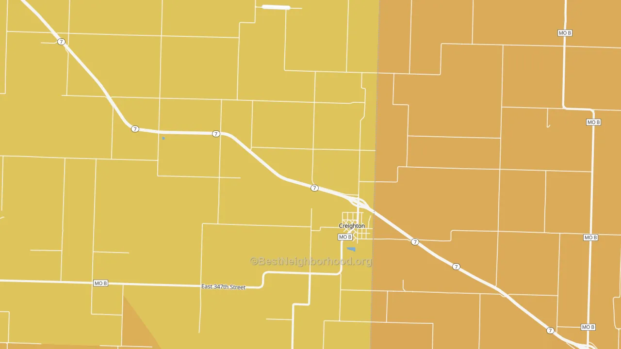 Map of the best neighborhoods in the 64739 area, with better matches in green and worse matches in red