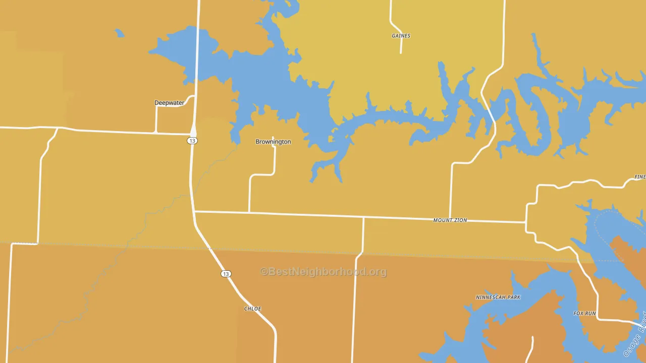Map of the best neighborhoods in the 64740 area, with better matches in green and worse matches in red
