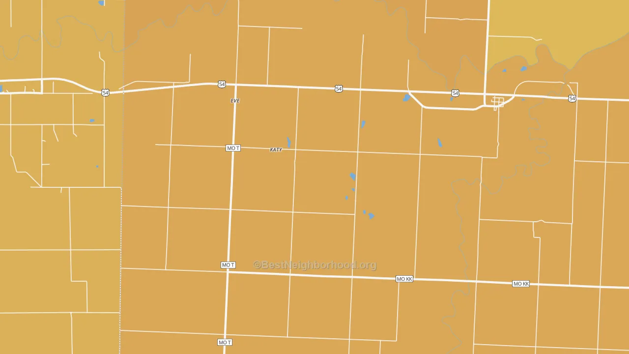 Map of the best neighborhoods in the 64741 area, with better matches in green and worse matches in red
