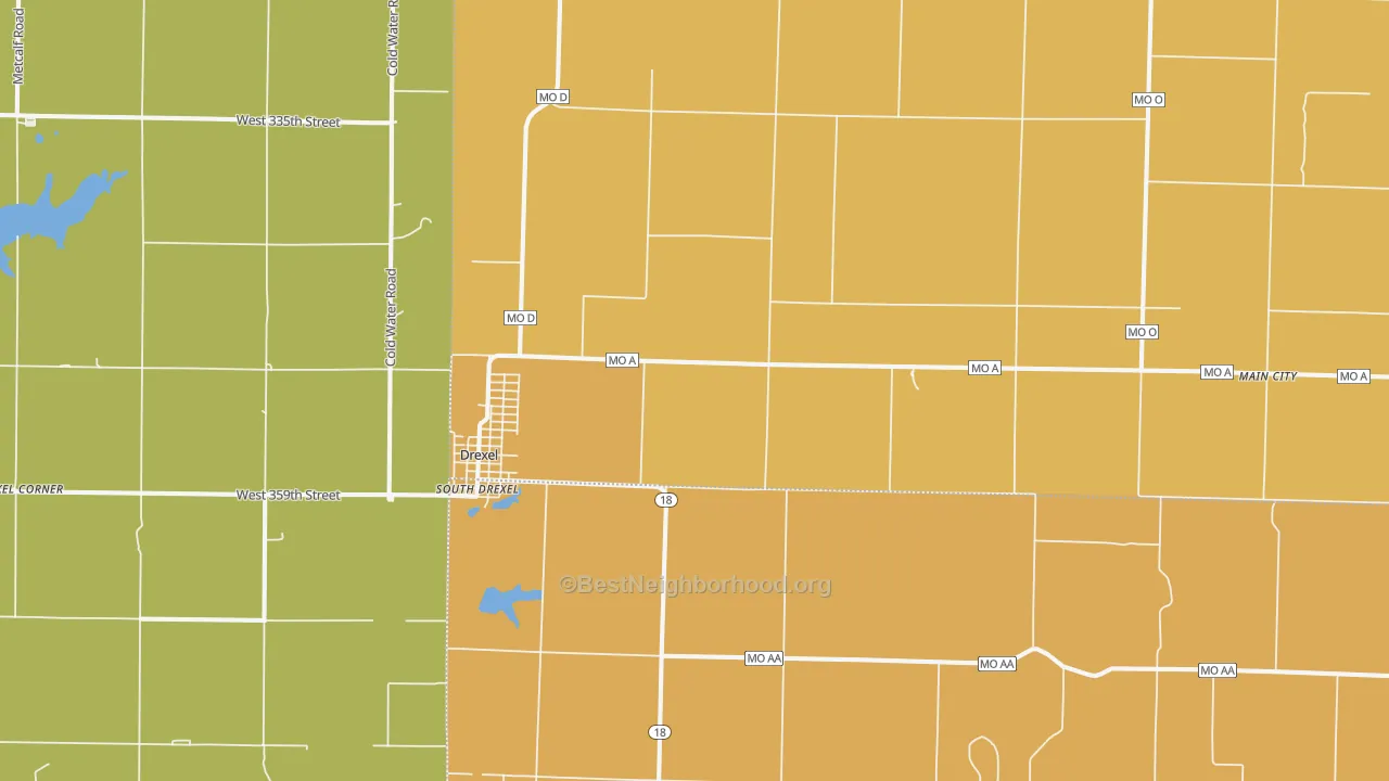 Map of the best neighborhoods in the 64742 area, with better matches in green and worse matches in red