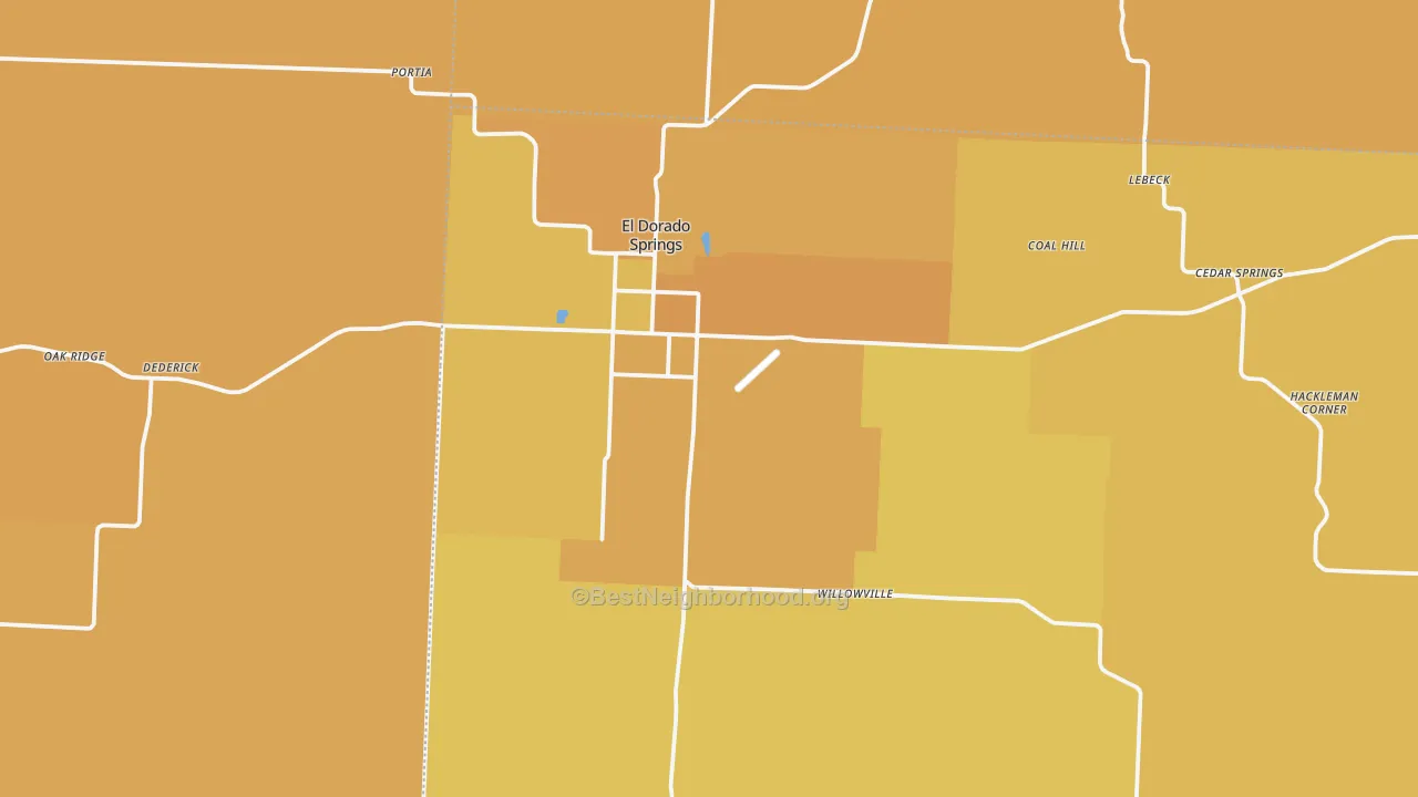 Map of the best neighborhoods in the 64744 area, with better matches in green and worse matches in red