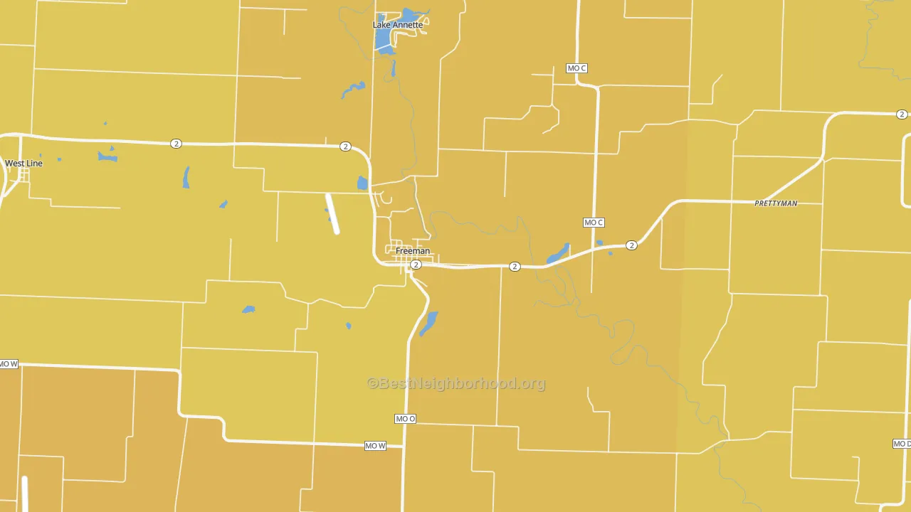 Map of the best neighborhoods in the 64746 area, with better matches in green and worse matches in red