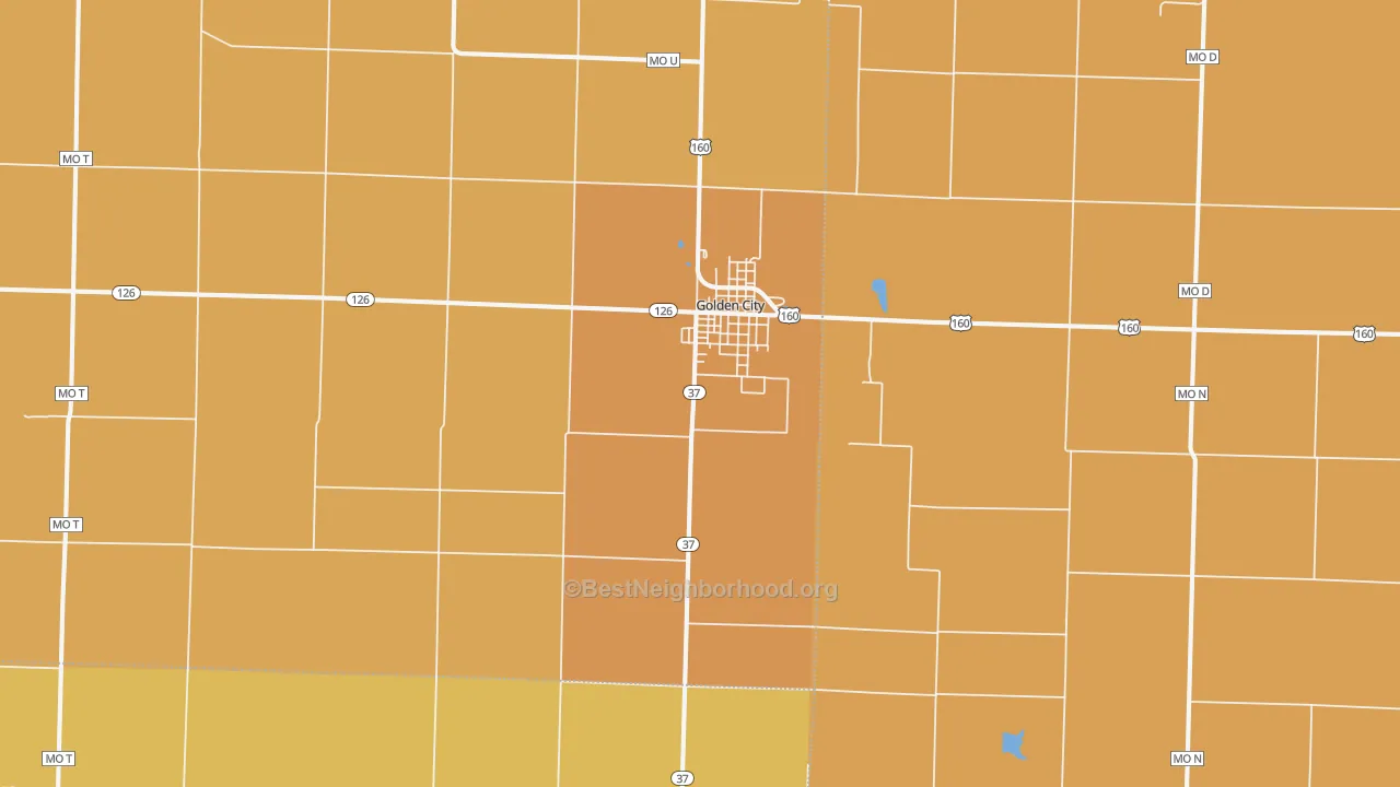 Map of the best neighborhoods in the 64748 area, with better matches in green and worse matches in red