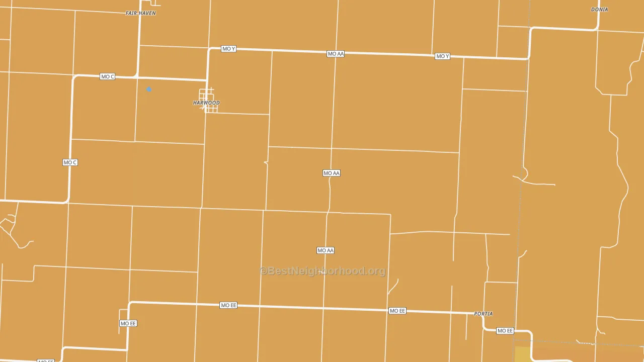 Map of the best neighborhoods in the 64750 area, with better matches in green and worse matches in red
