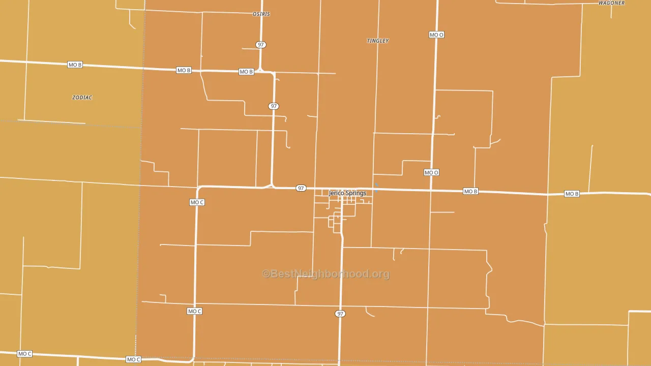 Map of the best neighborhoods in the 64756 area, with better matches in green and worse matches in red