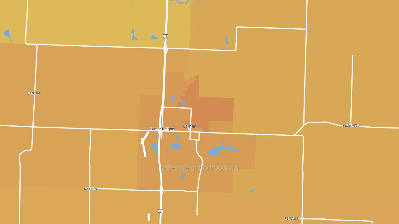 Map of the best neighborhoods in the 64759 area, with better matches in green and worse matches in red