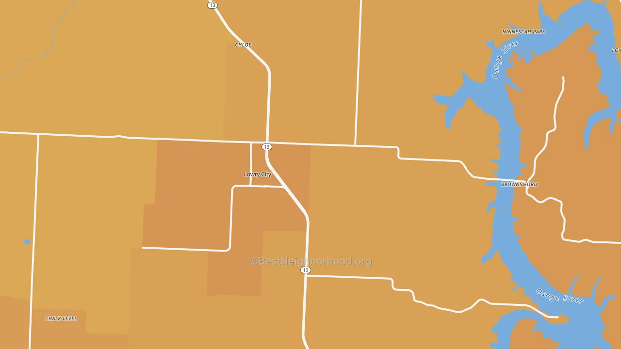 Map of the best neighborhoods in the 64763 area, with better matches in green and worse matches in red