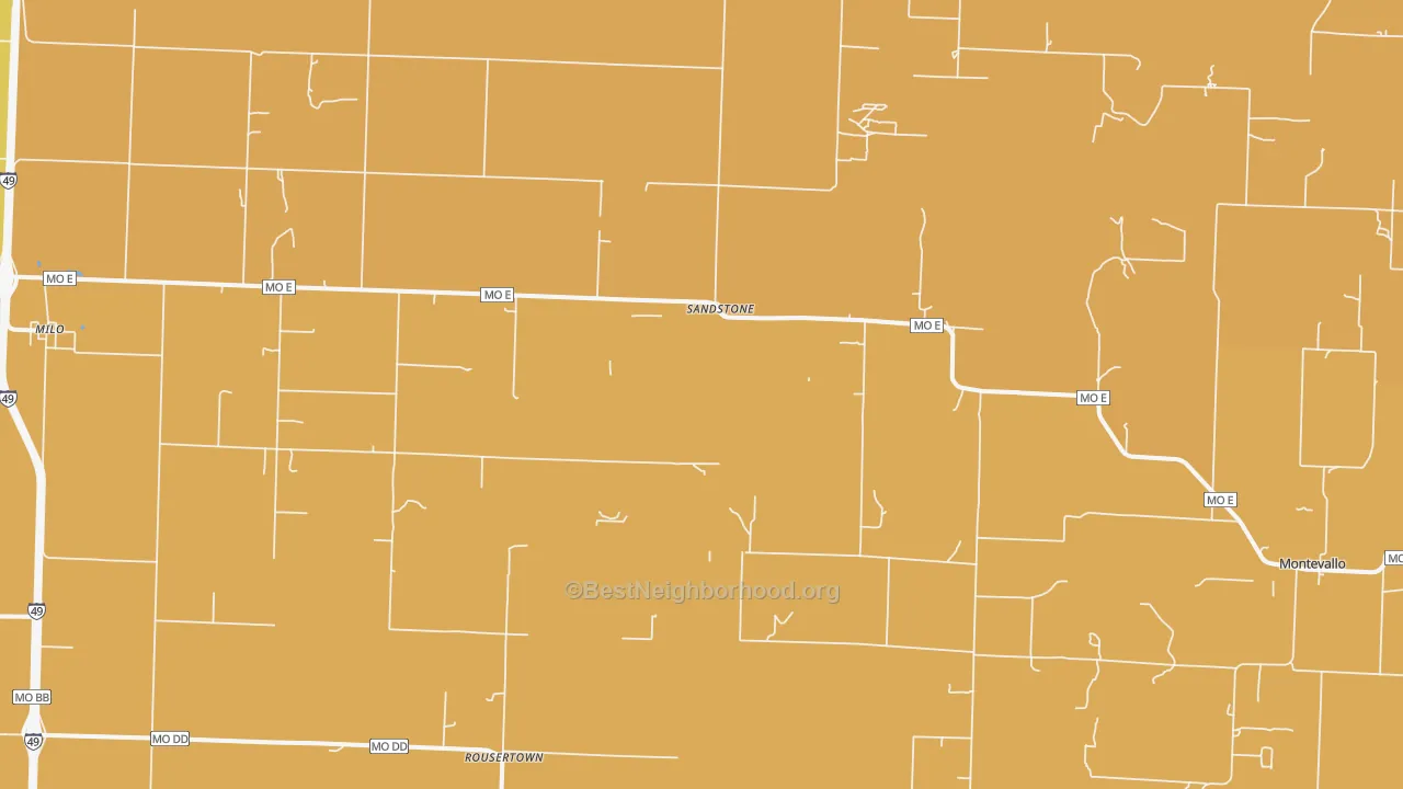 Map of the best neighborhoods in the 64767 area, with better matches in green and worse matches in red