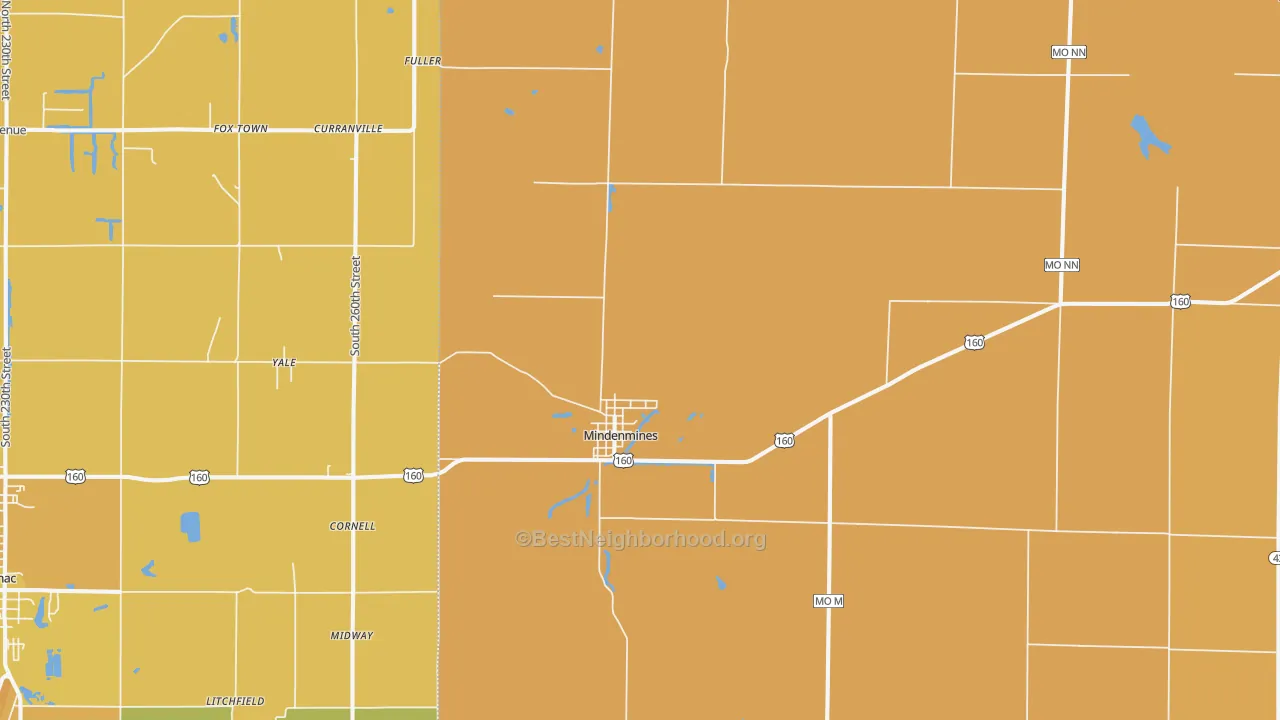 Map of the best neighborhoods in the 64769 area, with better matches in green and worse matches in red