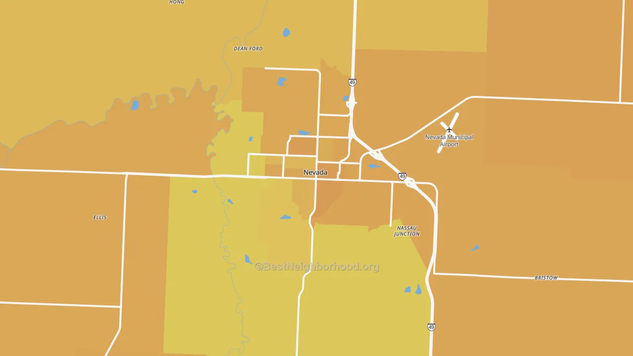 Map of the best neighborhoods in the 64772 area, with better matches in green and worse matches in red