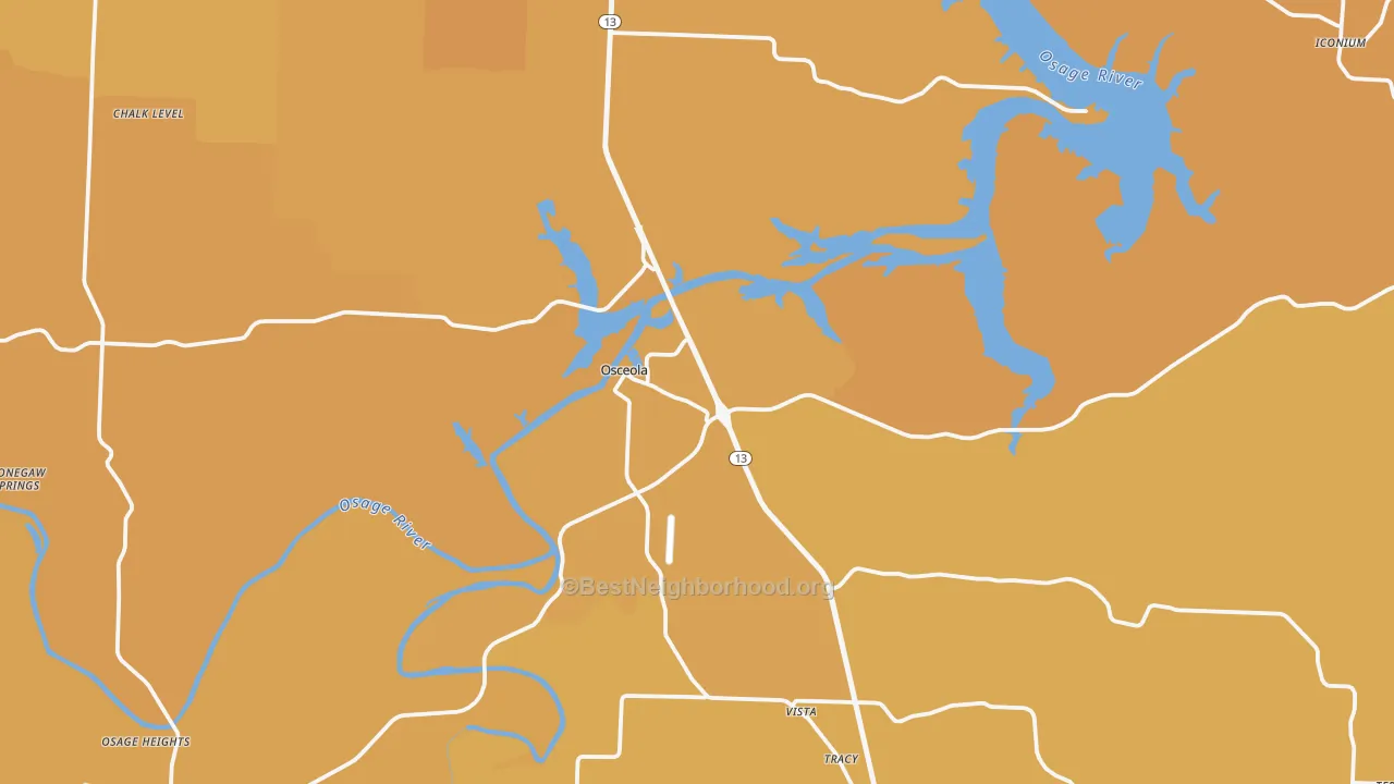 Map of the best neighborhoods in the 64776 area, with better matches in green and worse matches in red