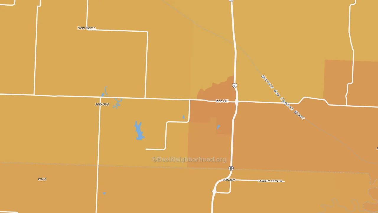 Map of the best neighborhoods in the 64779 area, with better matches in green and worse matches in red