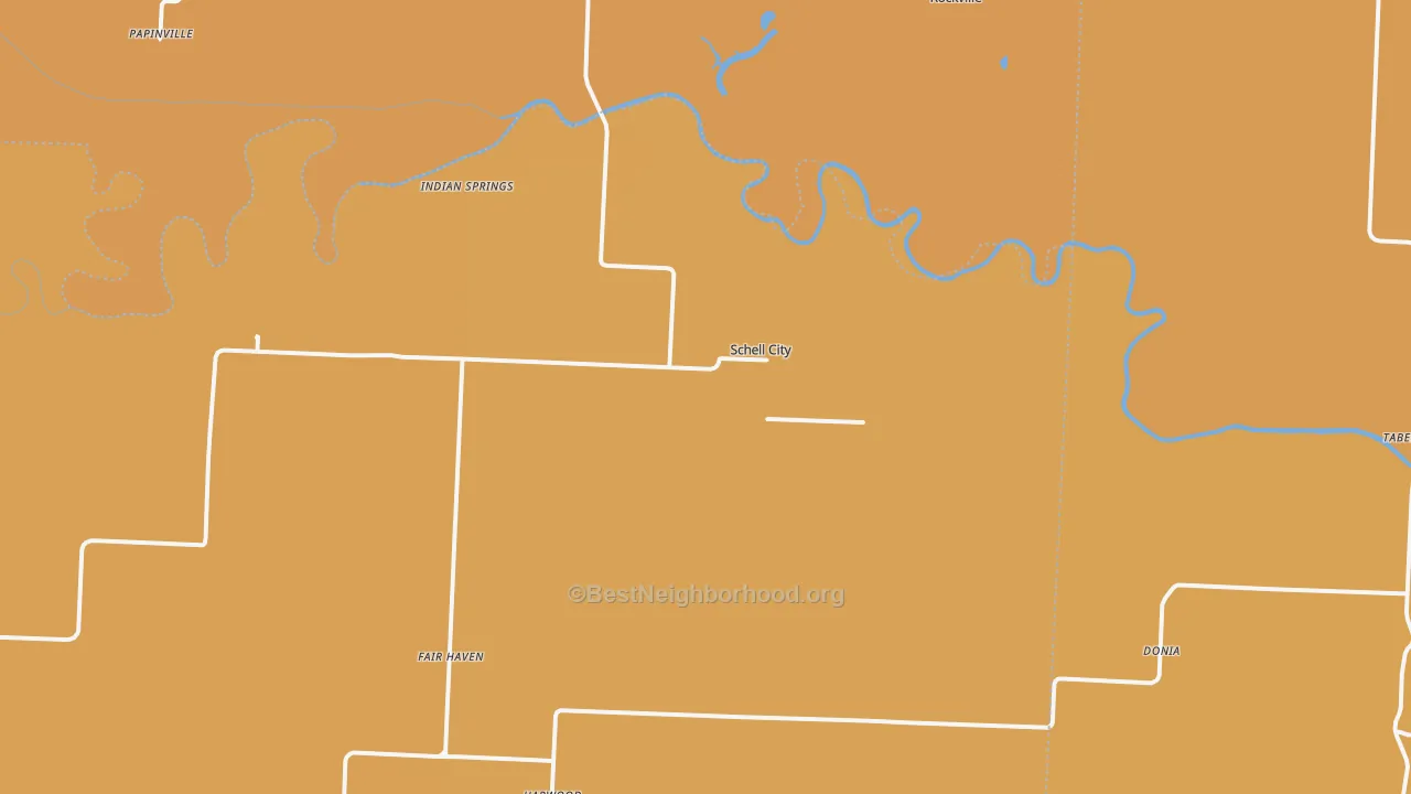 Map of the best neighborhoods in the 64783 area, with better matches in green and worse matches in red
