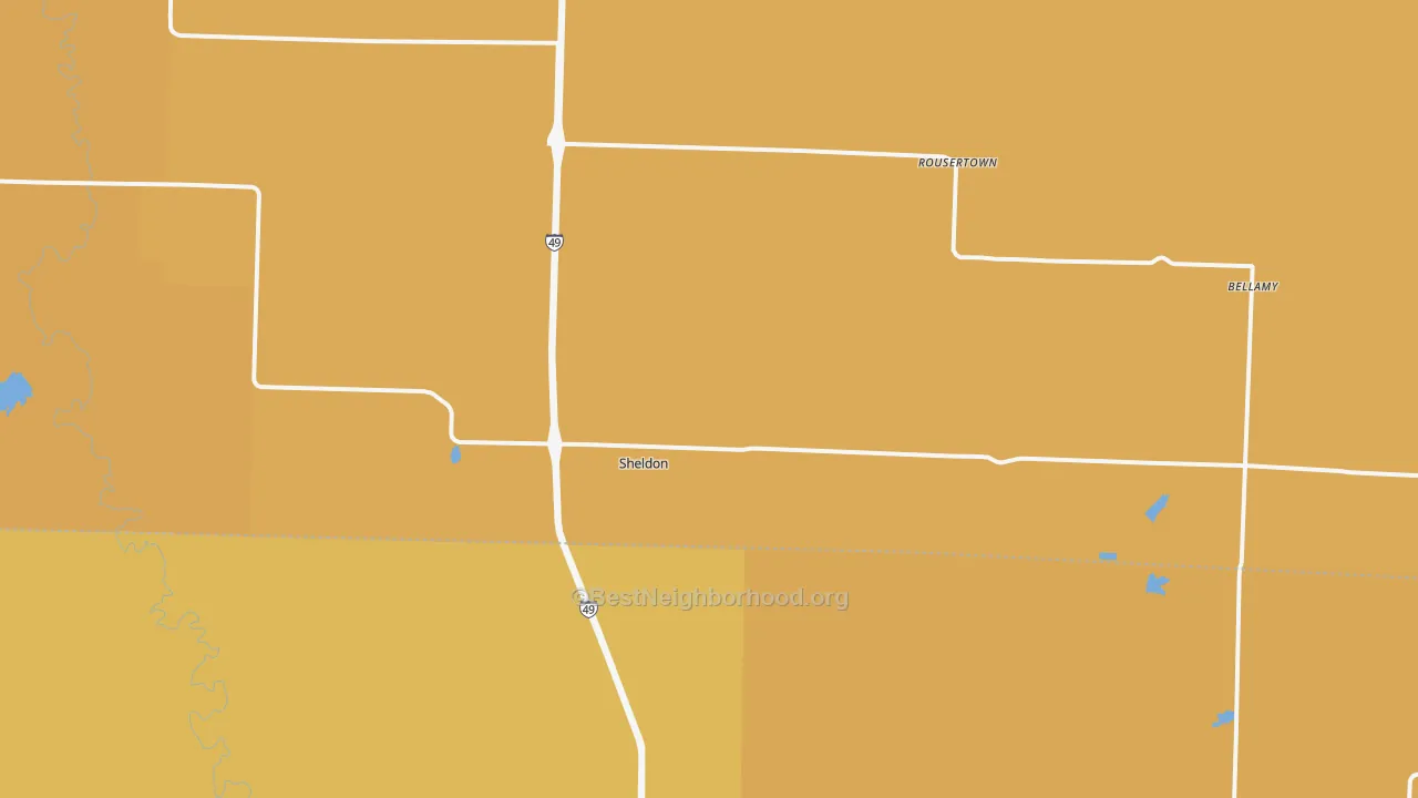 Map of the best neighborhoods in the 64784 area, with better matches in green and worse matches in red