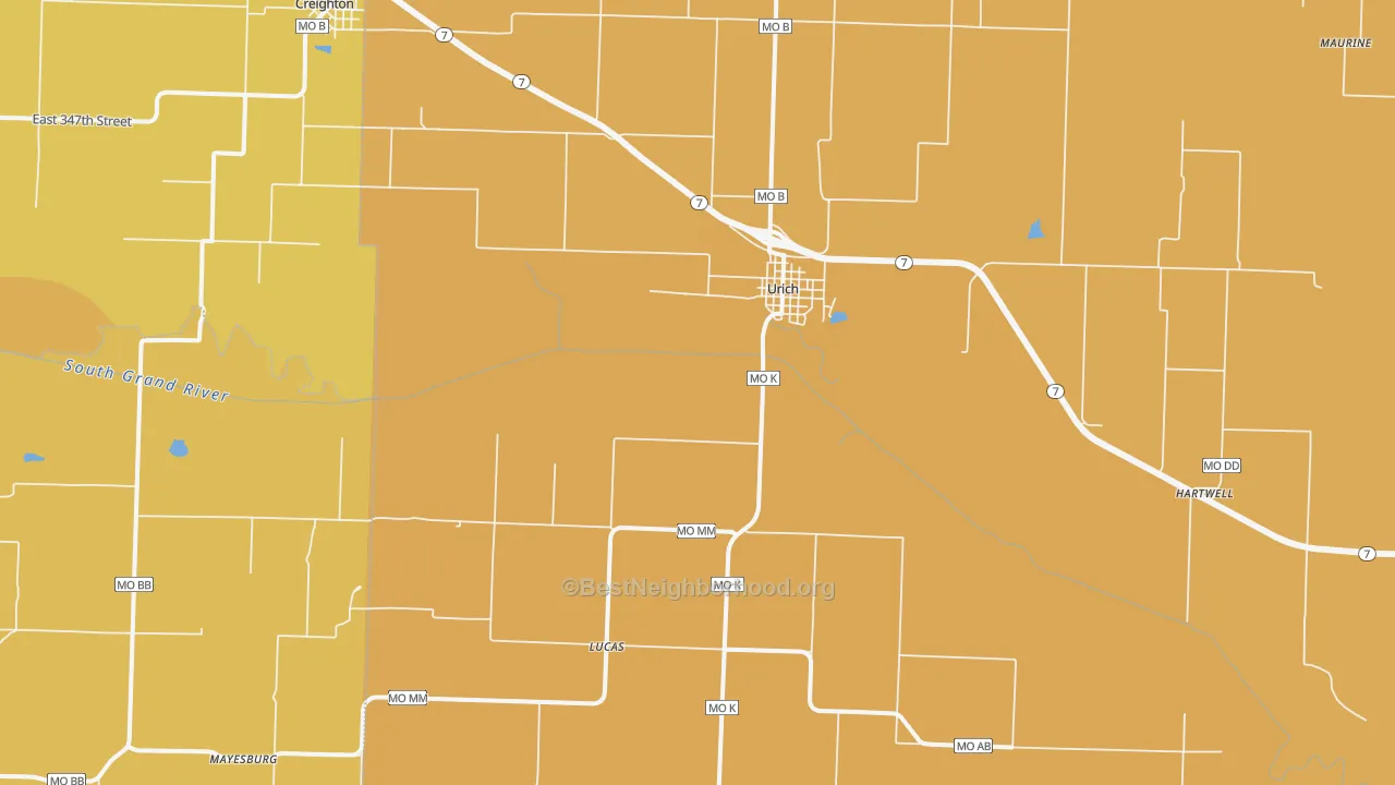 Map of the best neighborhoods in the 64788 area, with better matches in green and worse matches in red