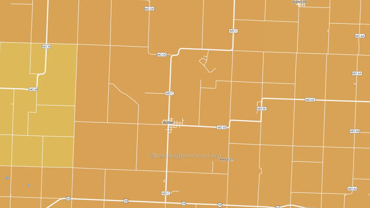 Map of the best neighborhoods in the 64790 area, with better matches in green and worse matches in red