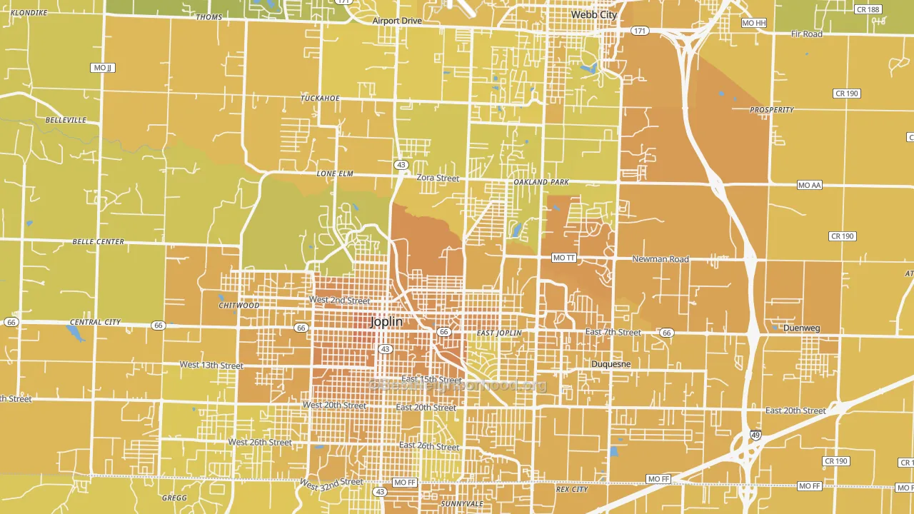 Map of the best neighborhoods in the 64801 area, with better matches in green and worse matches in red