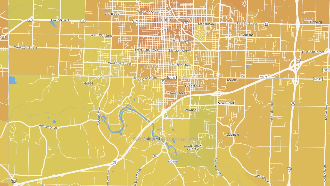 Map of the best neighborhoods in the 64804 area, with better matches in green and worse matches in red