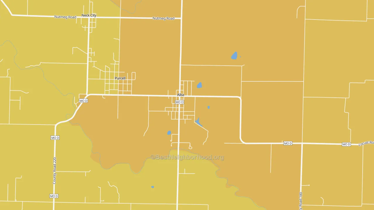 Map of the best neighborhoods in the 64830 area, with better matches in green and worse matches in red