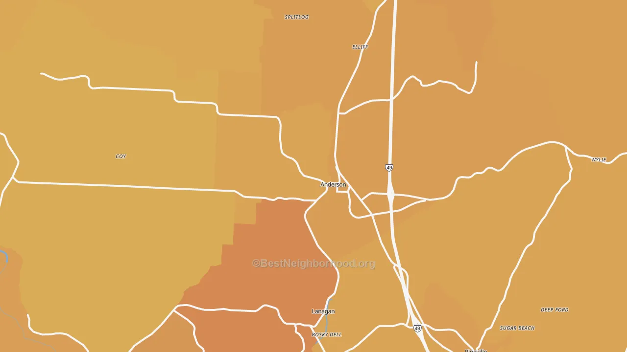 Map of the best neighborhoods in the 64831 area, with better matches in green and worse matches in red