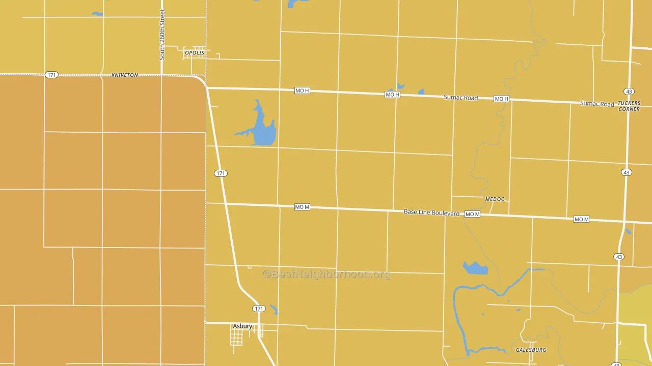 Map of the best neighborhoods in the 64832 area, with better matches in green and worse matches in red