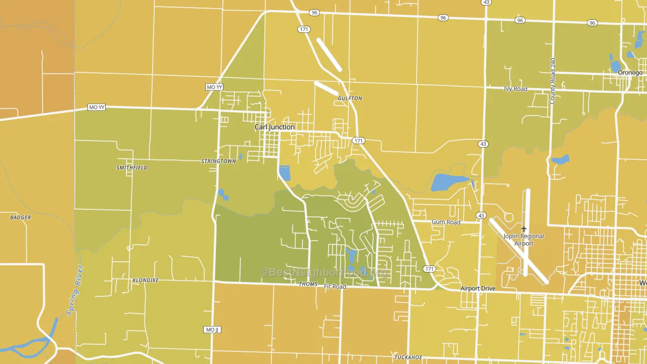 Map of the best neighborhoods in the 64834 area, with better matches in green and worse matches in red