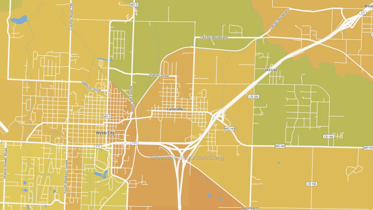 Map of the best neighborhoods in the 64835 area, with better matches in green and worse matches in red
