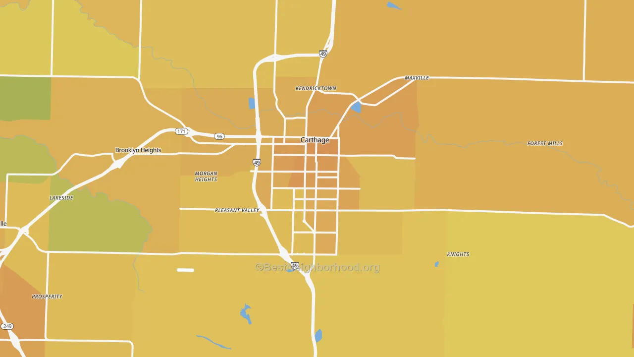 Map of the best neighborhoods in the 64836 area, with better matches in green and worse matches in red