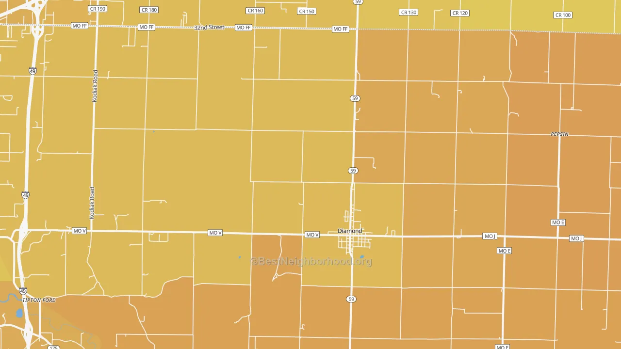 Map of the best neighborhoods in the 64840 area, with better matches in green and worse matches in red