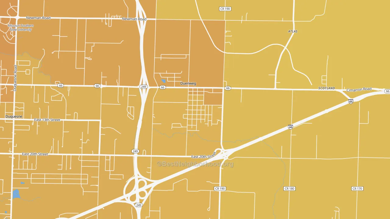 Map of the best neighborhoods in the 64841 area, with better matches in green and worse matches in red
