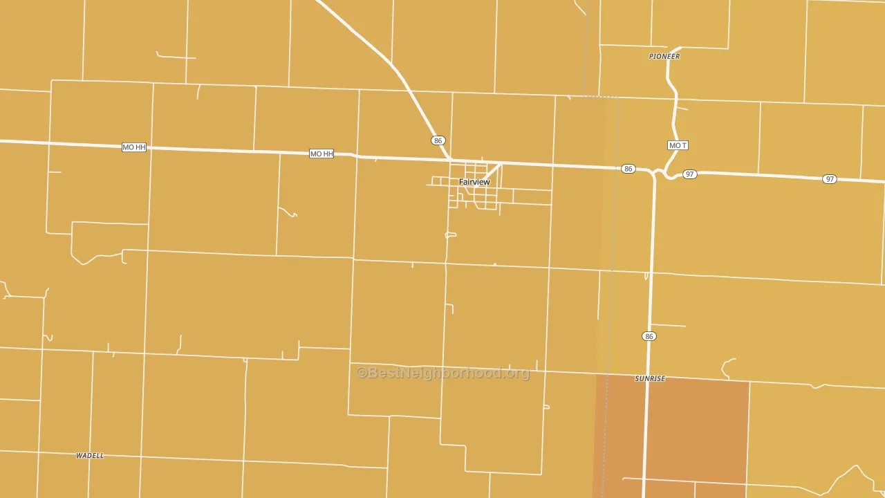 Map of the best neighborhoods in the 64842 area, with better matches in green and worse matches in red