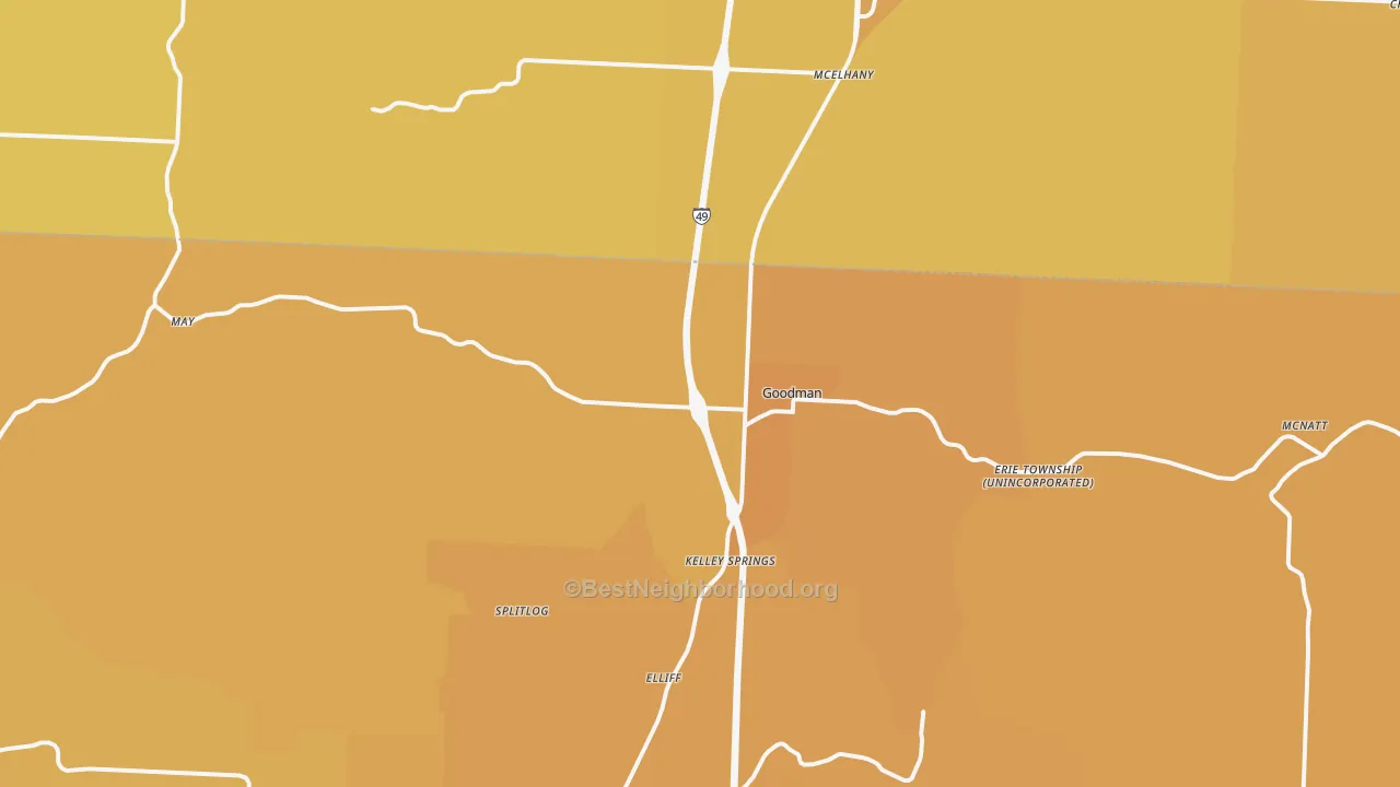 Map of the best neighborhoods in the 64843 area, with better matches in green and worse matches in red