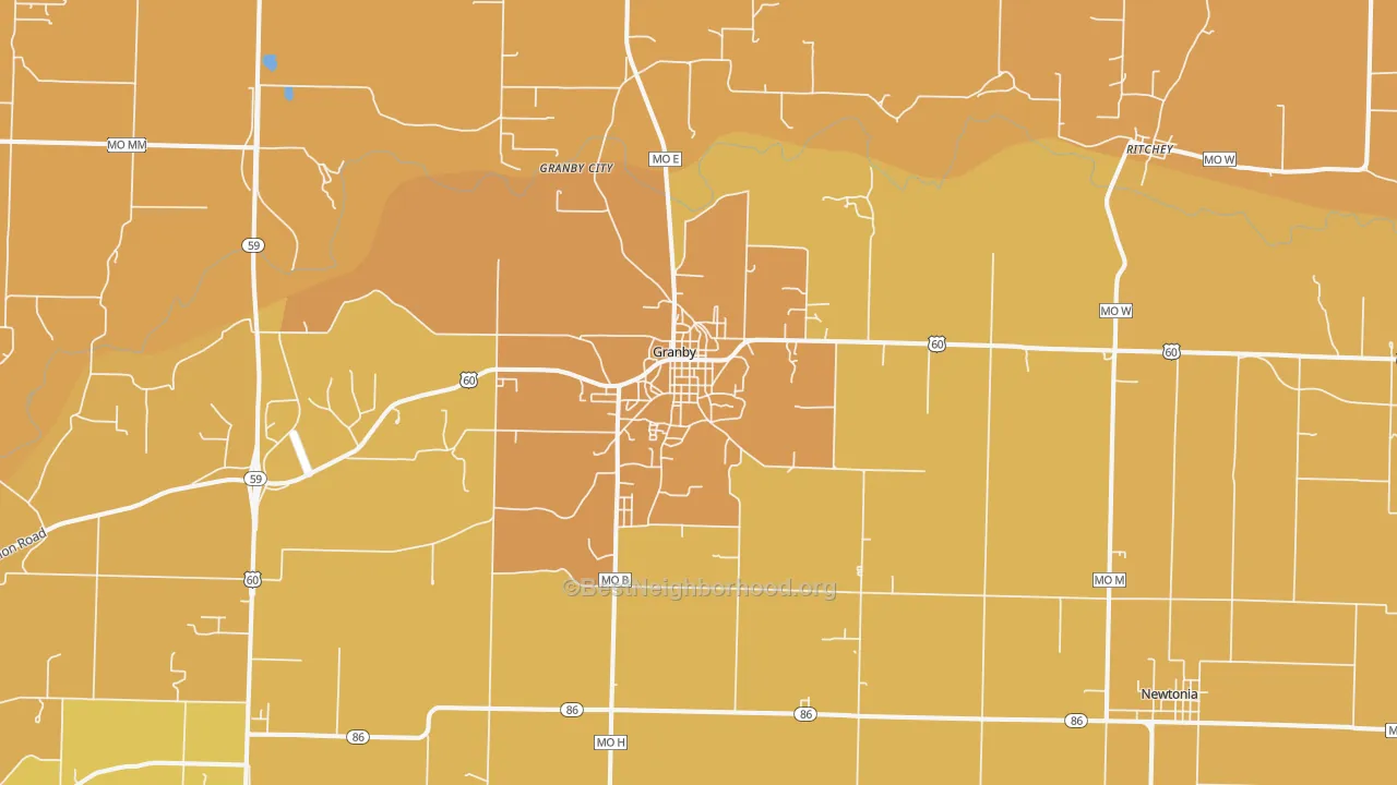 Map of the best neighborhoods in the 64844 area, with better matches in green and worse matches in red