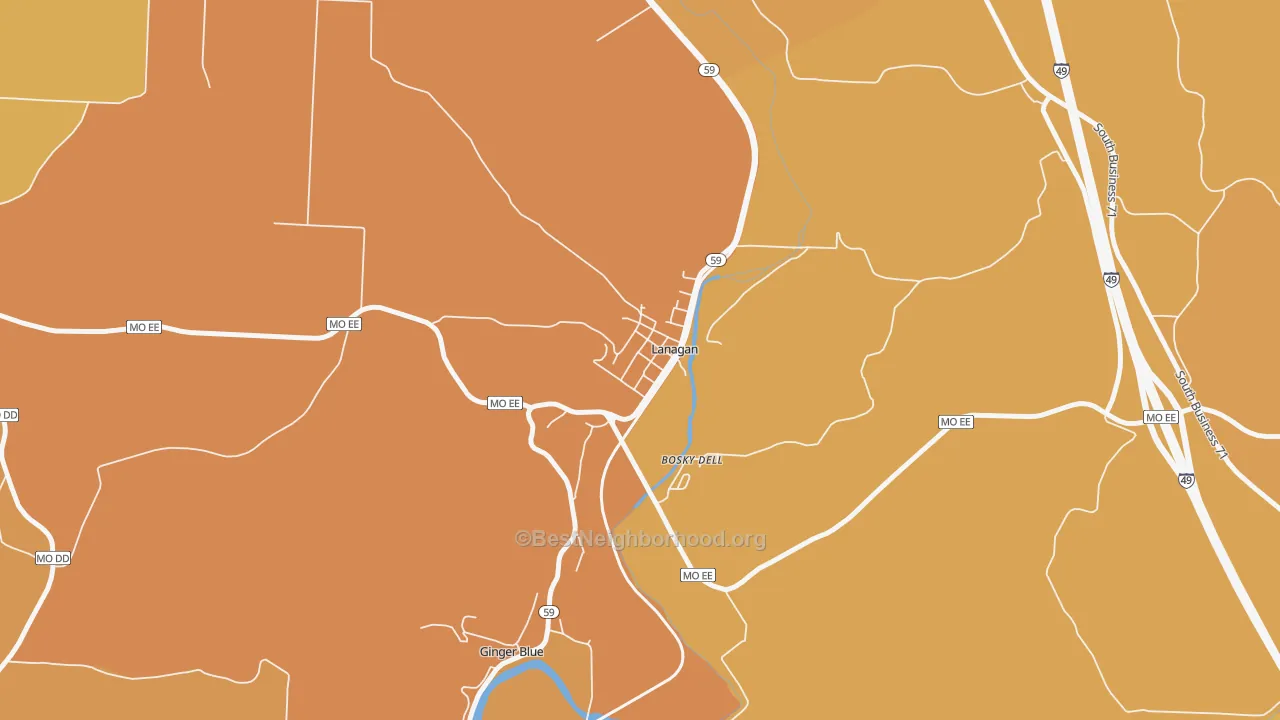 Map of the best neighborhoods in the 64847 area, with better matches in green and worse matches in red