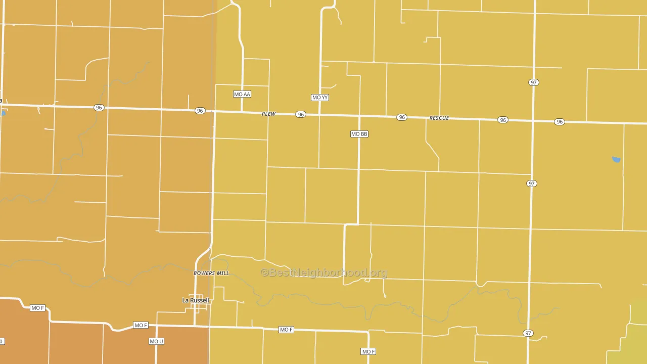 Map of the best neighborhoods in the 64848 area, with better matches in green and worse matches in red