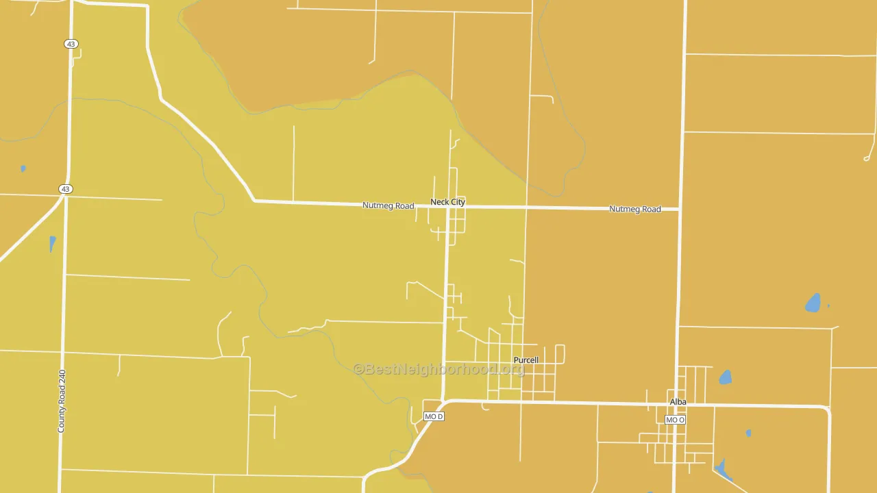 Map of the best neighborhoods in the 64849 area, with better matches in green and worse matches in red