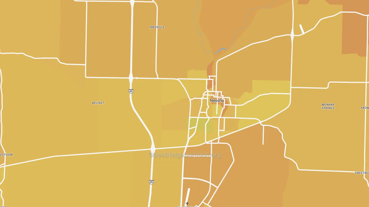Map of the best neighborhoods in the 64850 area, with better matches in green and worse matches in red