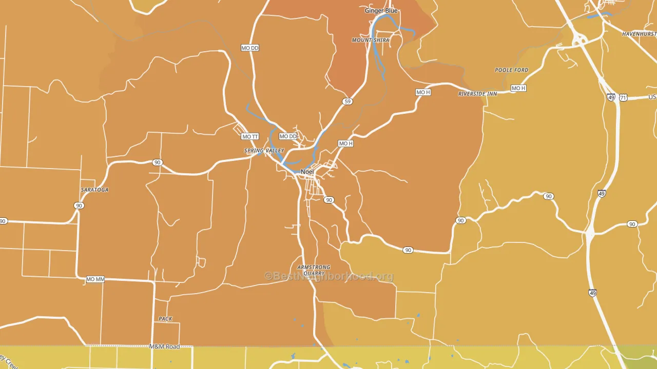 Map of the best neighborhoods in the 64854 area, with better matches in green and worse matches in red