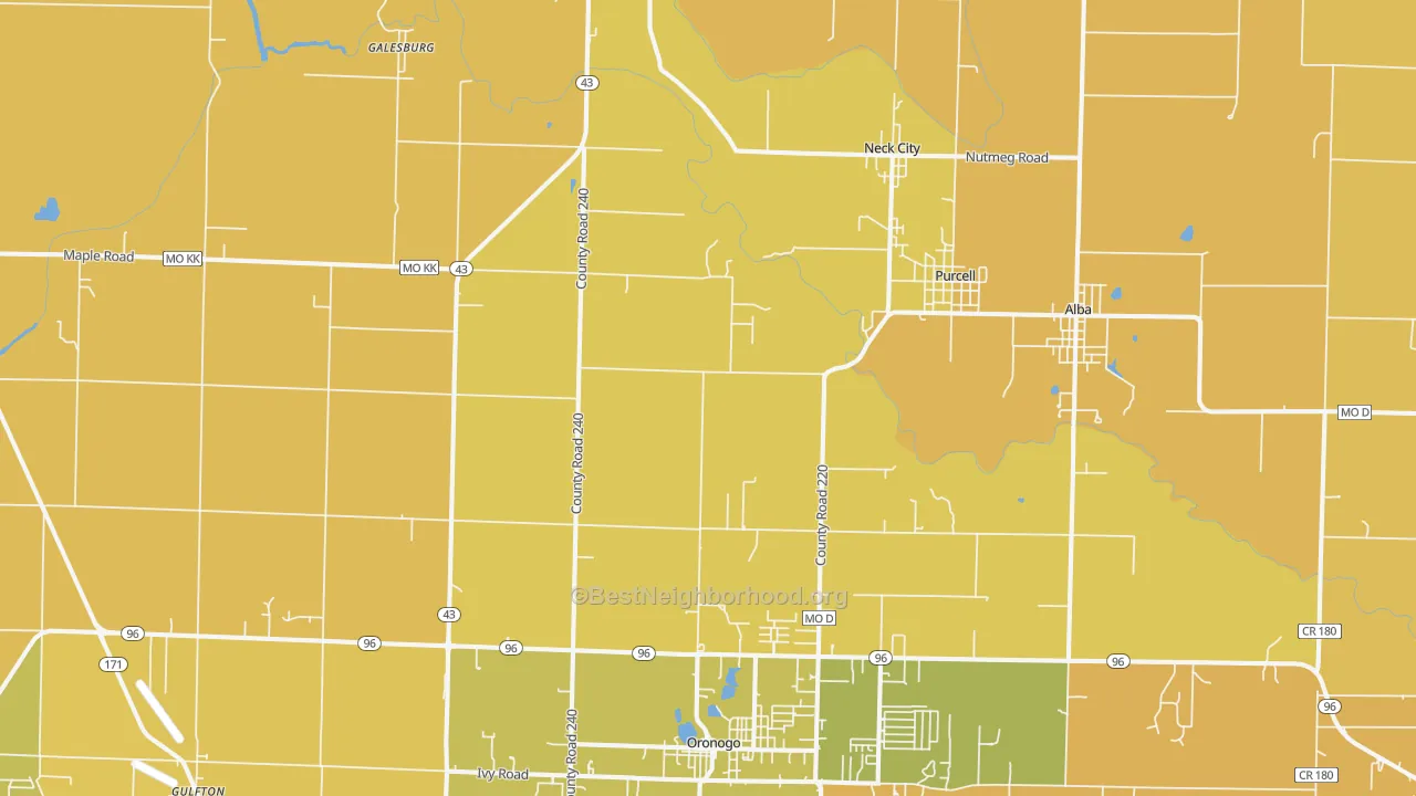 Map of the best neighborhoods in the 64855 area, with better matches in green and worse matches in red