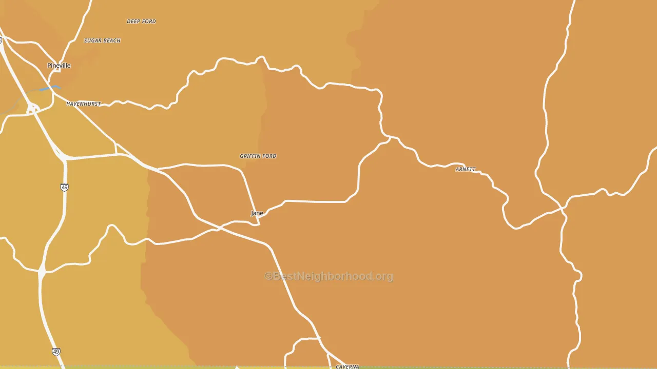 Map of the best neighborhoods in the 64856 area, with better matches in green and worse matches in red