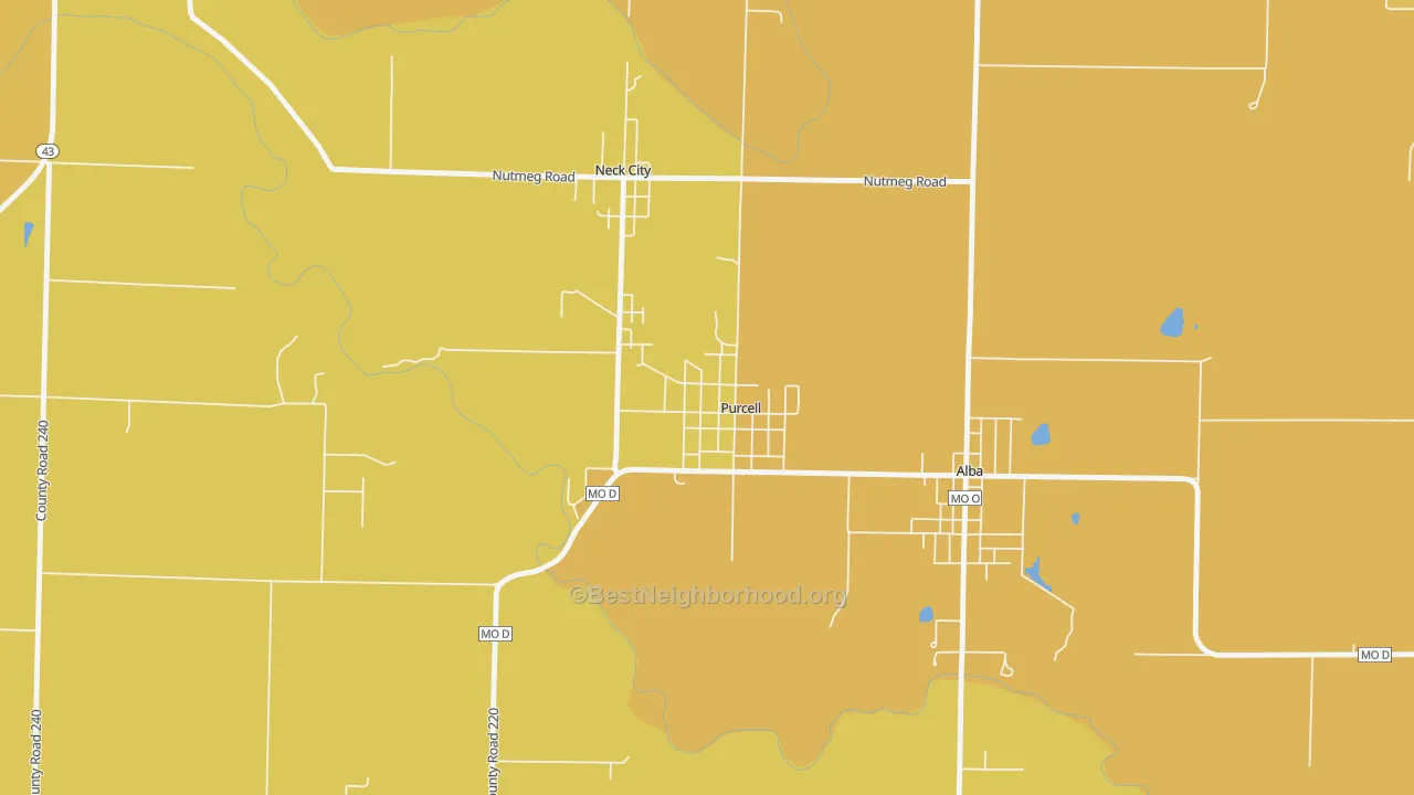 Map of the best neighborhoods in the 64857 area, with better matches in green and worse matches in red