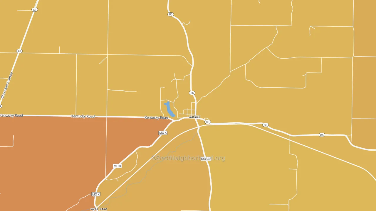 Map of the best neighborhoods in the 64858 area, with better matches in green and worse matches in red