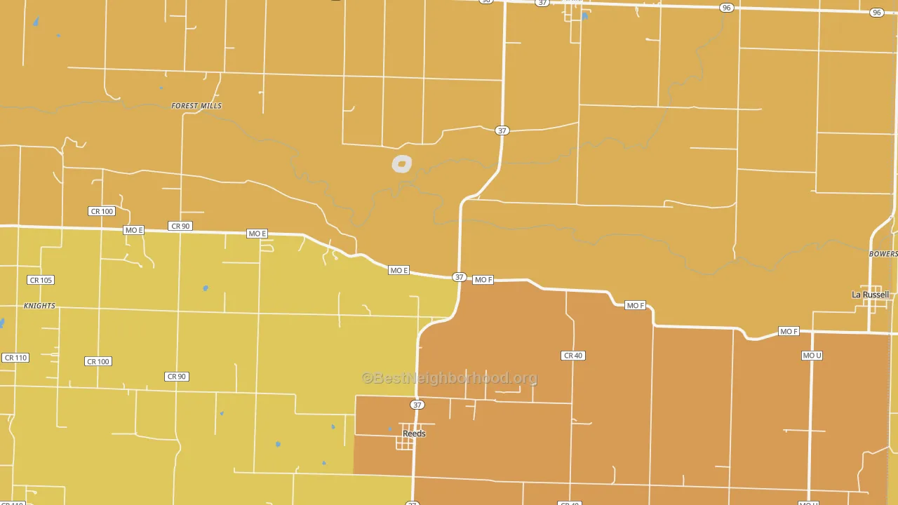 Map of the best neighborhoods in the 64859 area, with better matches in green and worse matches in red