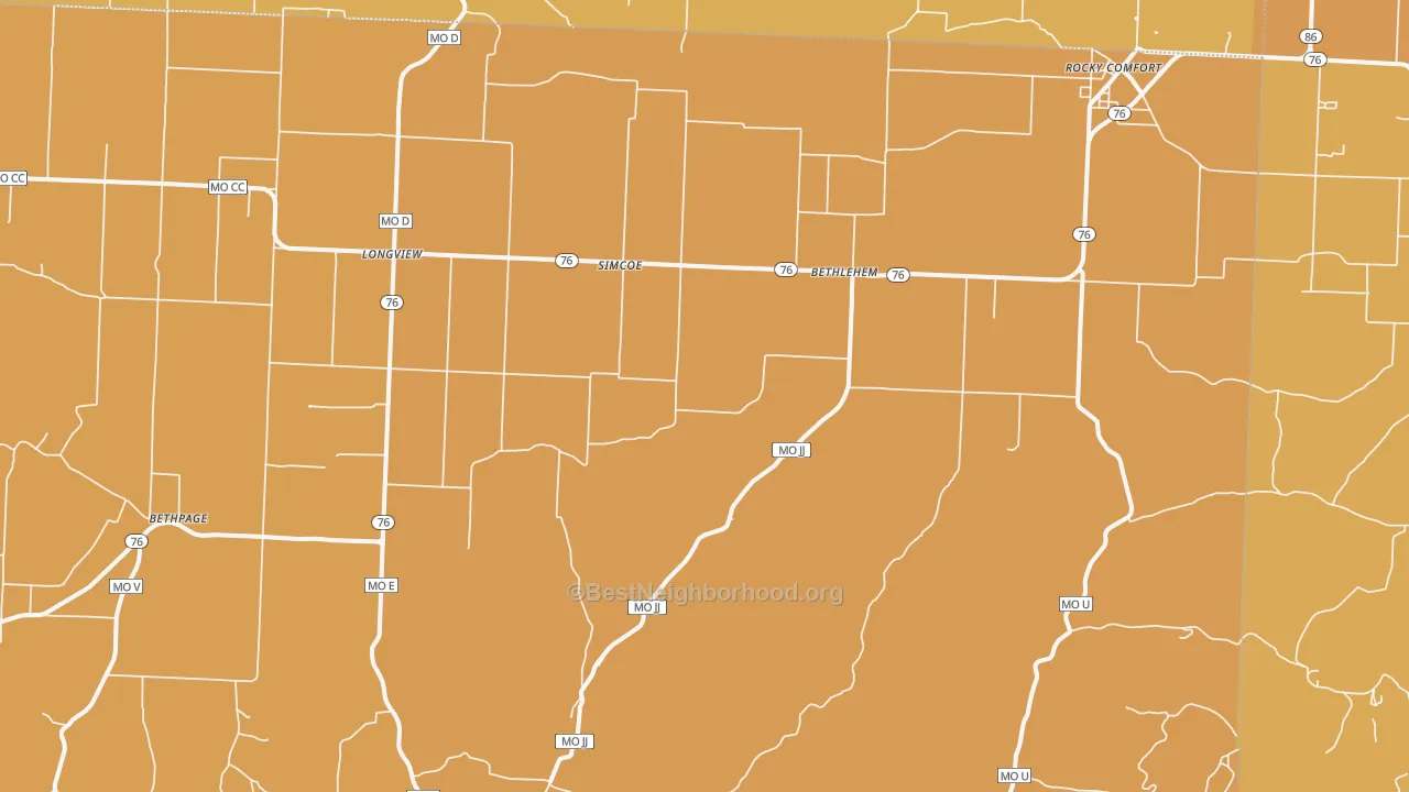 Map of the best neighborhoods in the 64861 area, with better matches in green and worse matches in red