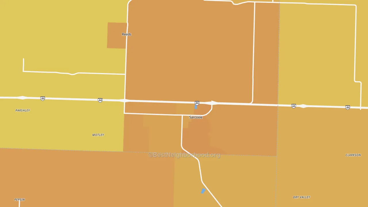 Map of the best neighborhoods in the 64862 area, with better matches in green and worse matches in red