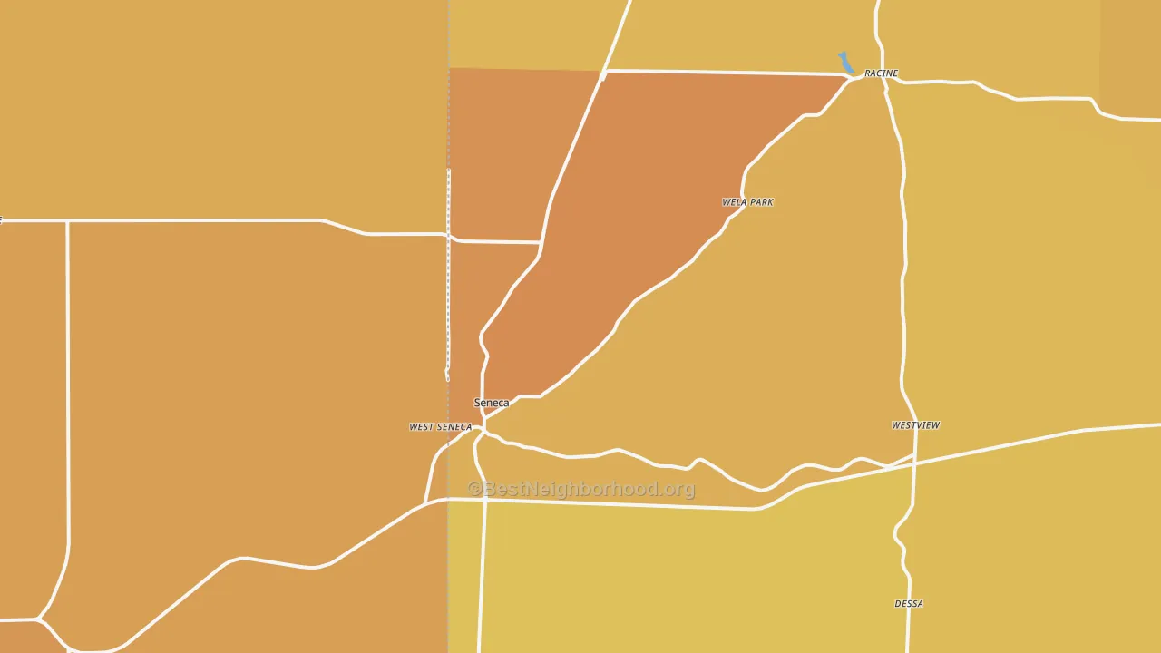 Map of the best neighborhoods in the 64865 area, with better matches in green and worse matches in red