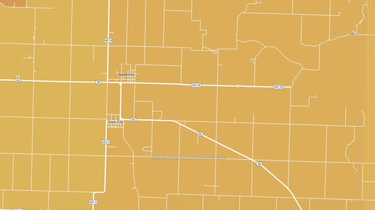 Map of the best neighborhoods in the 64866 area, with better matches in green and worse matches in red