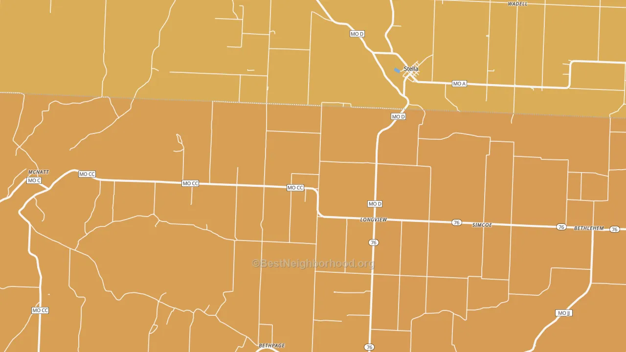 Map of the best neighborhoods in the 64867 area, with better matches in green and worse matches in red