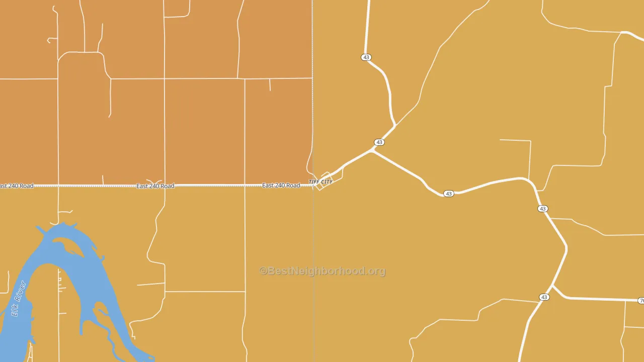 Map of the best neighborhoods in the 64868 area, with better matches in green and worse matches in red