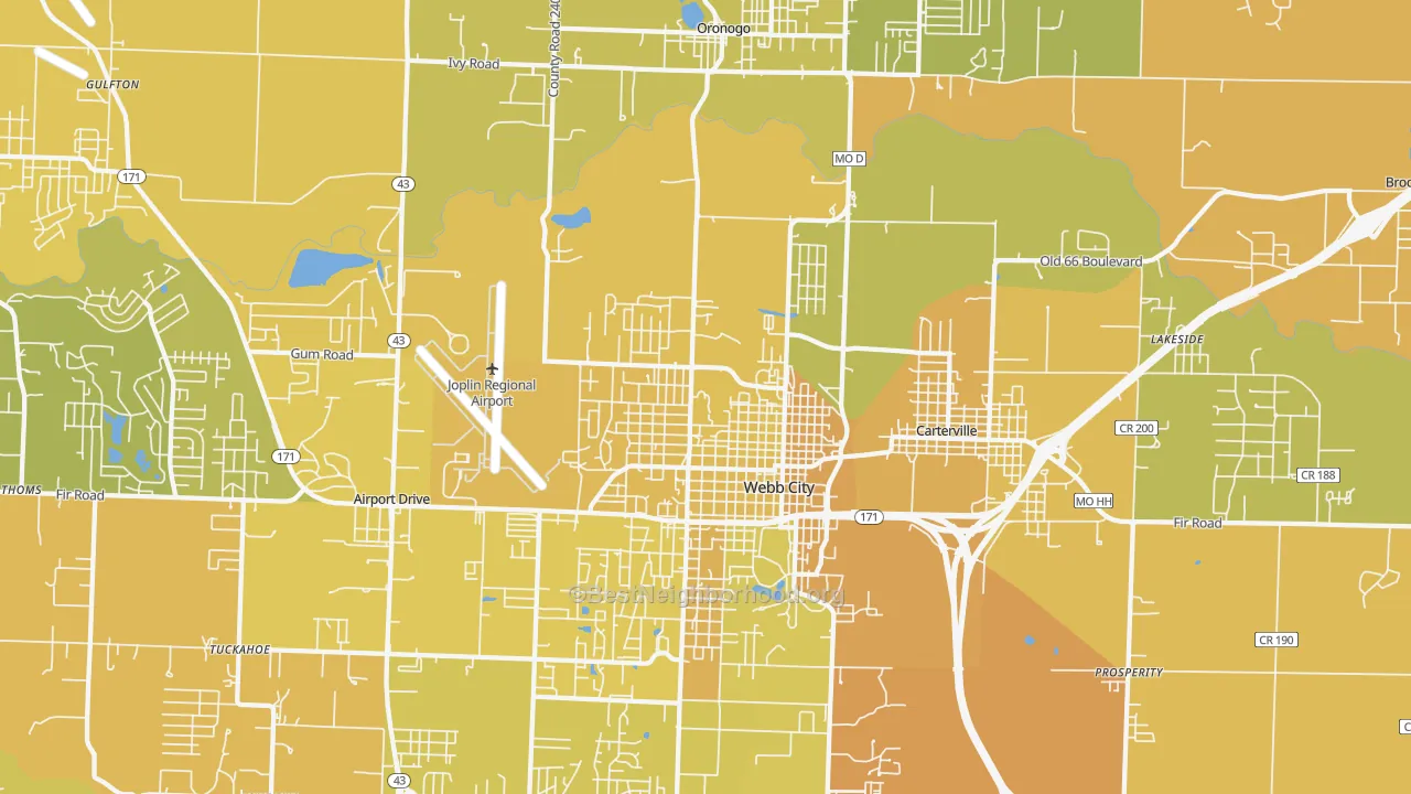 Map of the best neighborhoods in the 64870 area, with better matches in green and worse matches in red